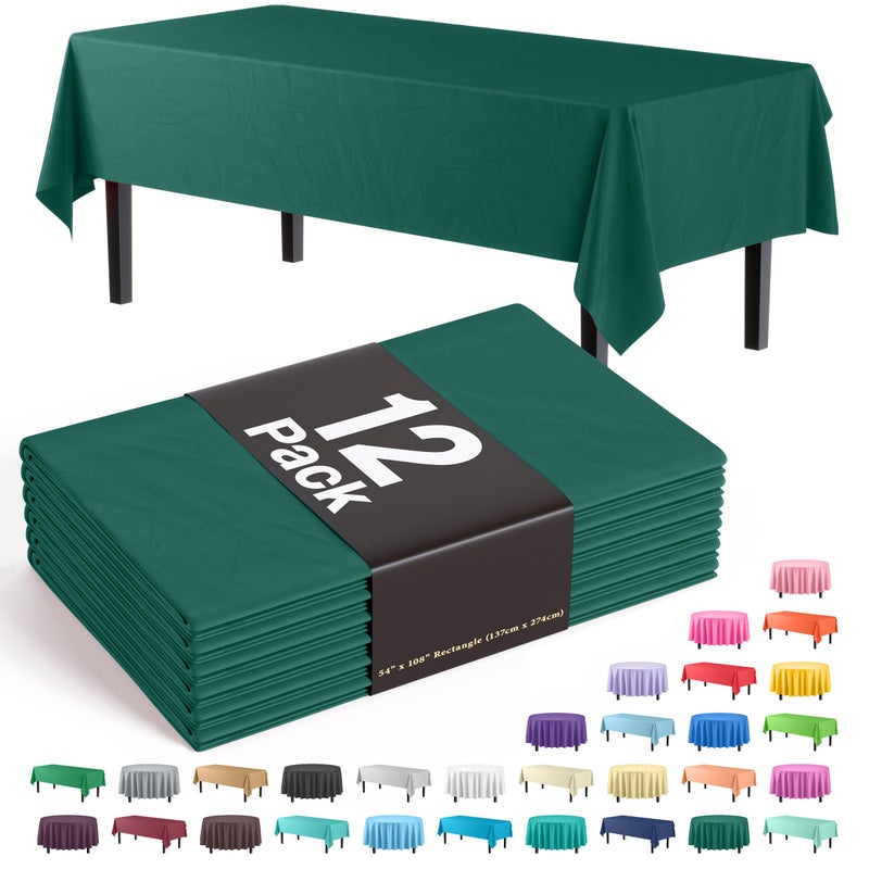 Exquisite 12-Pack Premium Plastic Tablecloth 54in. x 108in. Rectangle Table Cover - Dark Green - Image 1